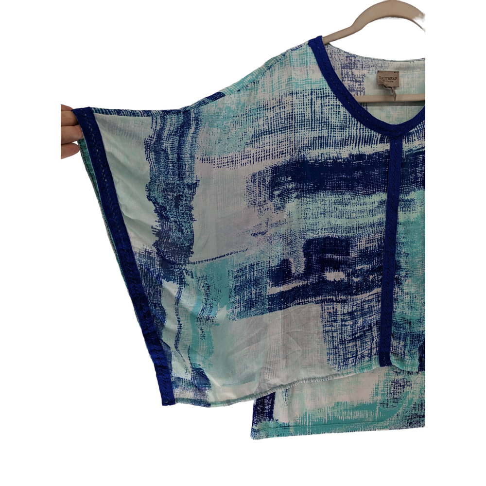 Easywear by Chico Short Sleeve Blouse M Blue Abstract Print Trimmed Table Art‎ - Picture 2 of 11